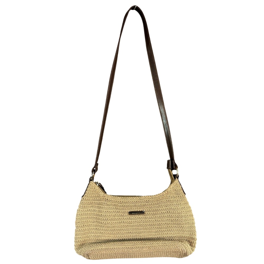 Rosetti Tan Woven Straw Crossbody Bag Built-in Wallet Brown Trim Small Purse